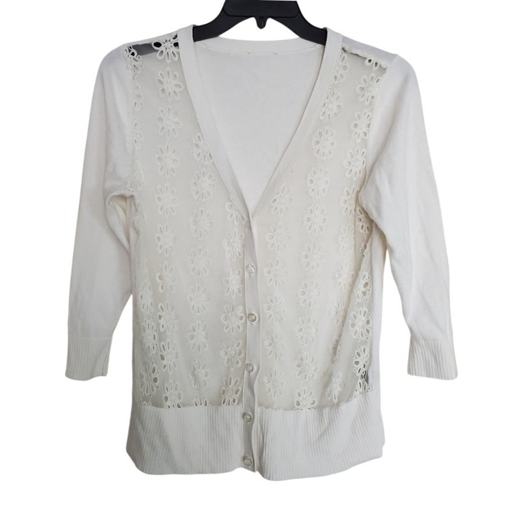 Coquette Cardigan Sweater White Floral Lace Mesh Overlay Front Button Up Knit XL